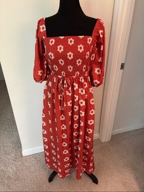 Red Floral Smocked Square-Neck Maxi Dress